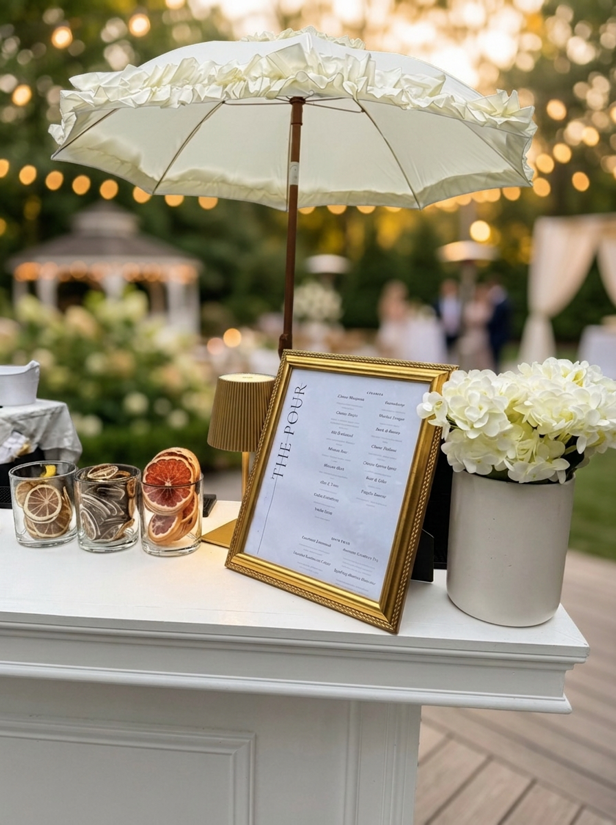 White linen mobile bar cart at a Long Island wedding