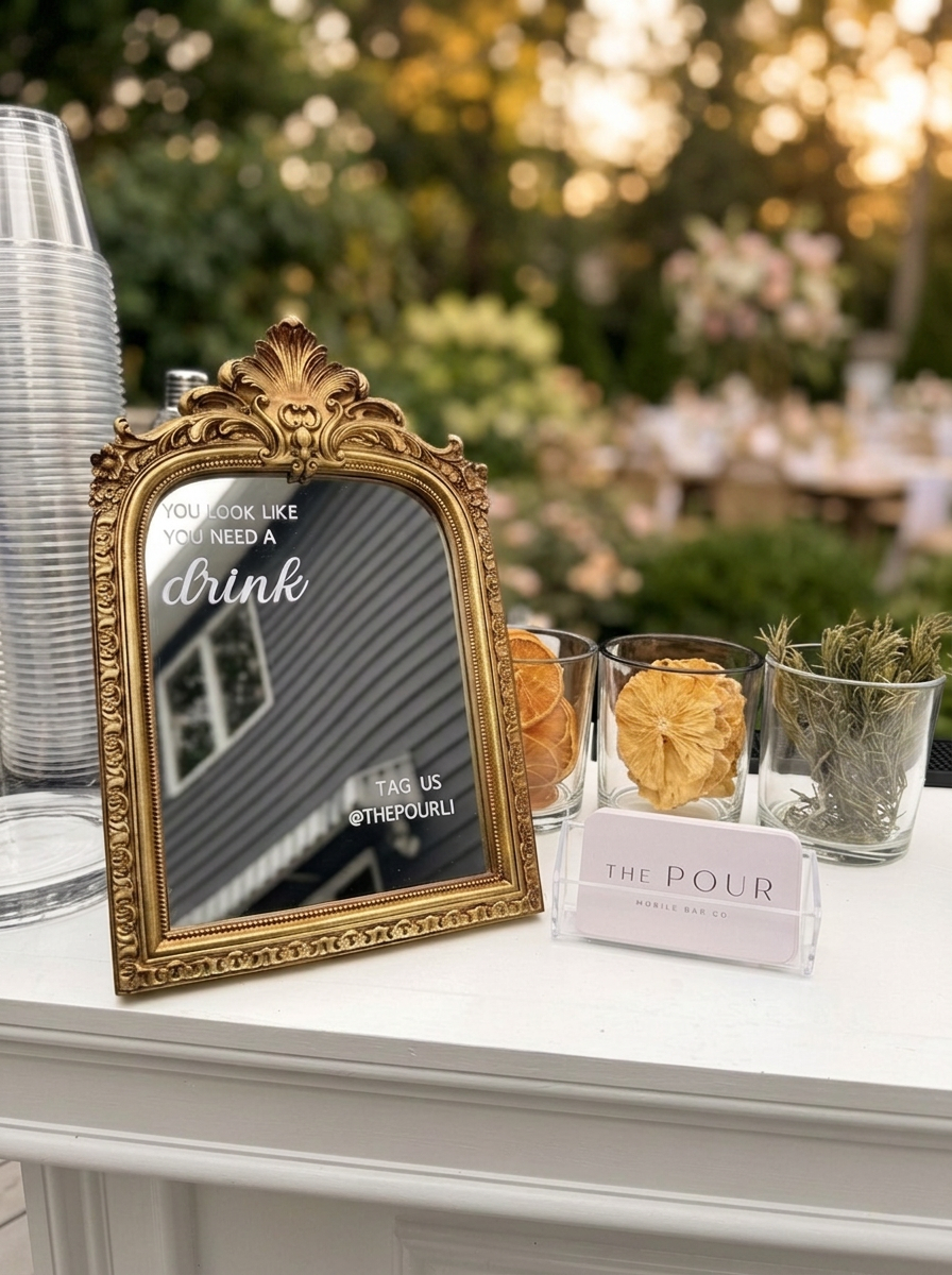 Gold-framed bar signage and dried garnishes at The Pour bar