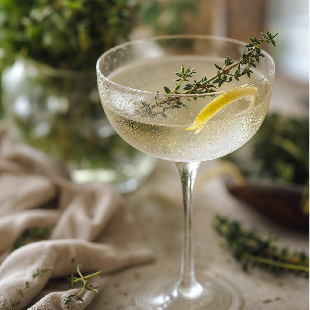 Botanical thyme cocktail in a coupe glass